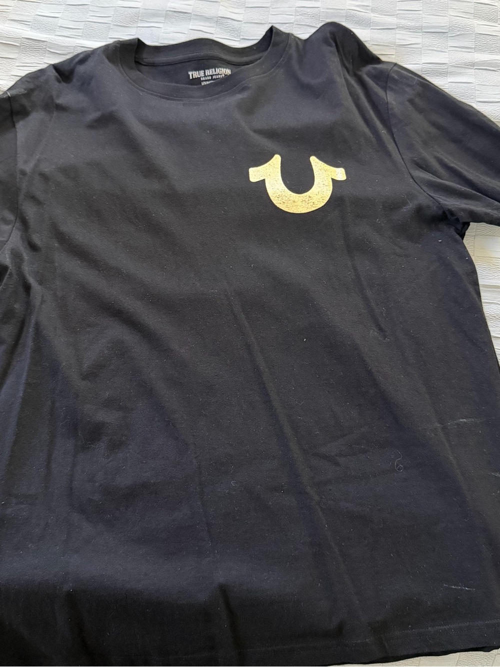 True Religion Black Short Sleeve Tee with Gold Horseshoe Logo
